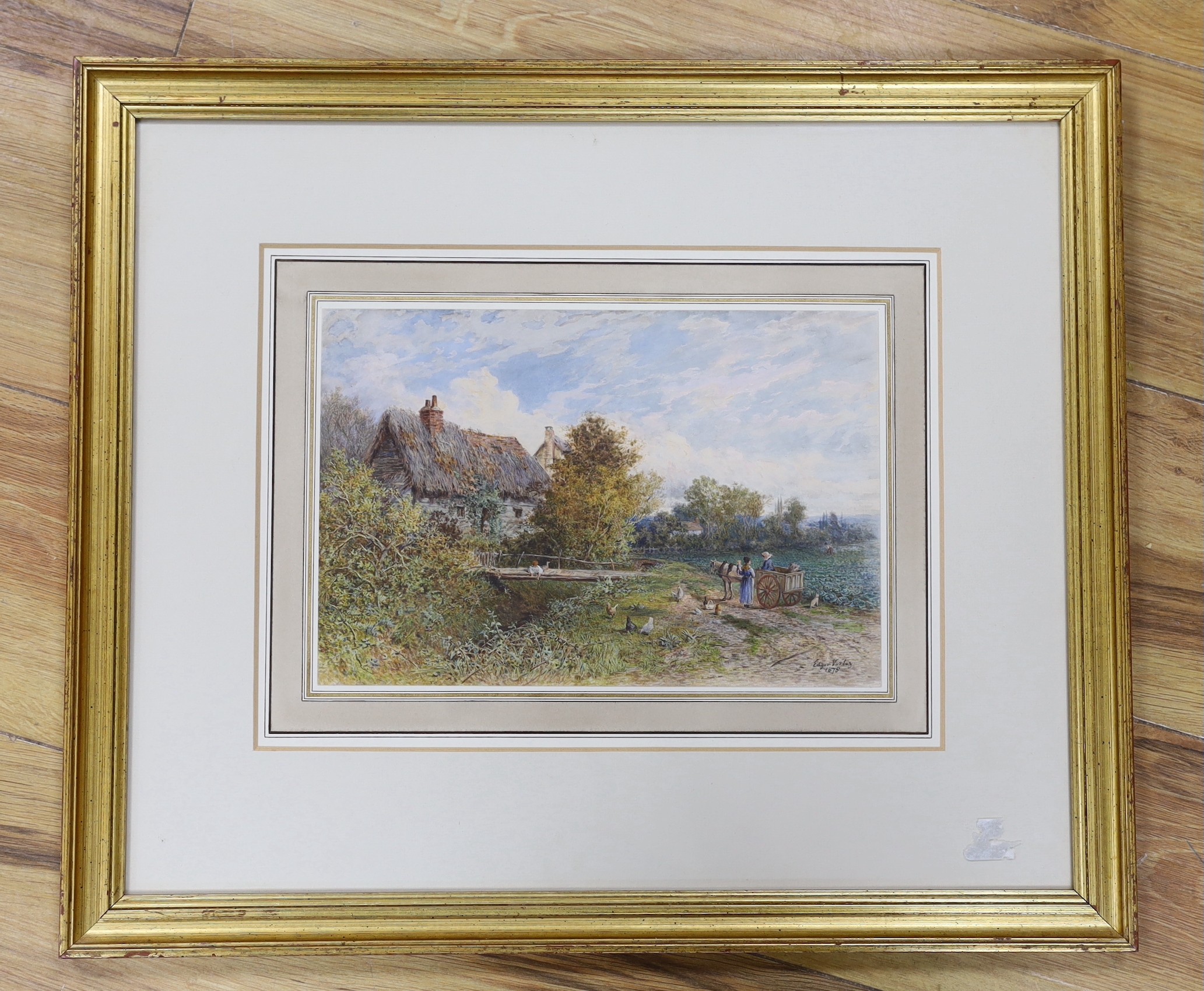 Edgar John Varley (1839-1888), watercolour, Figures and chickens beside a thatched cottage, signed and dated 1878, 18 x 27cm